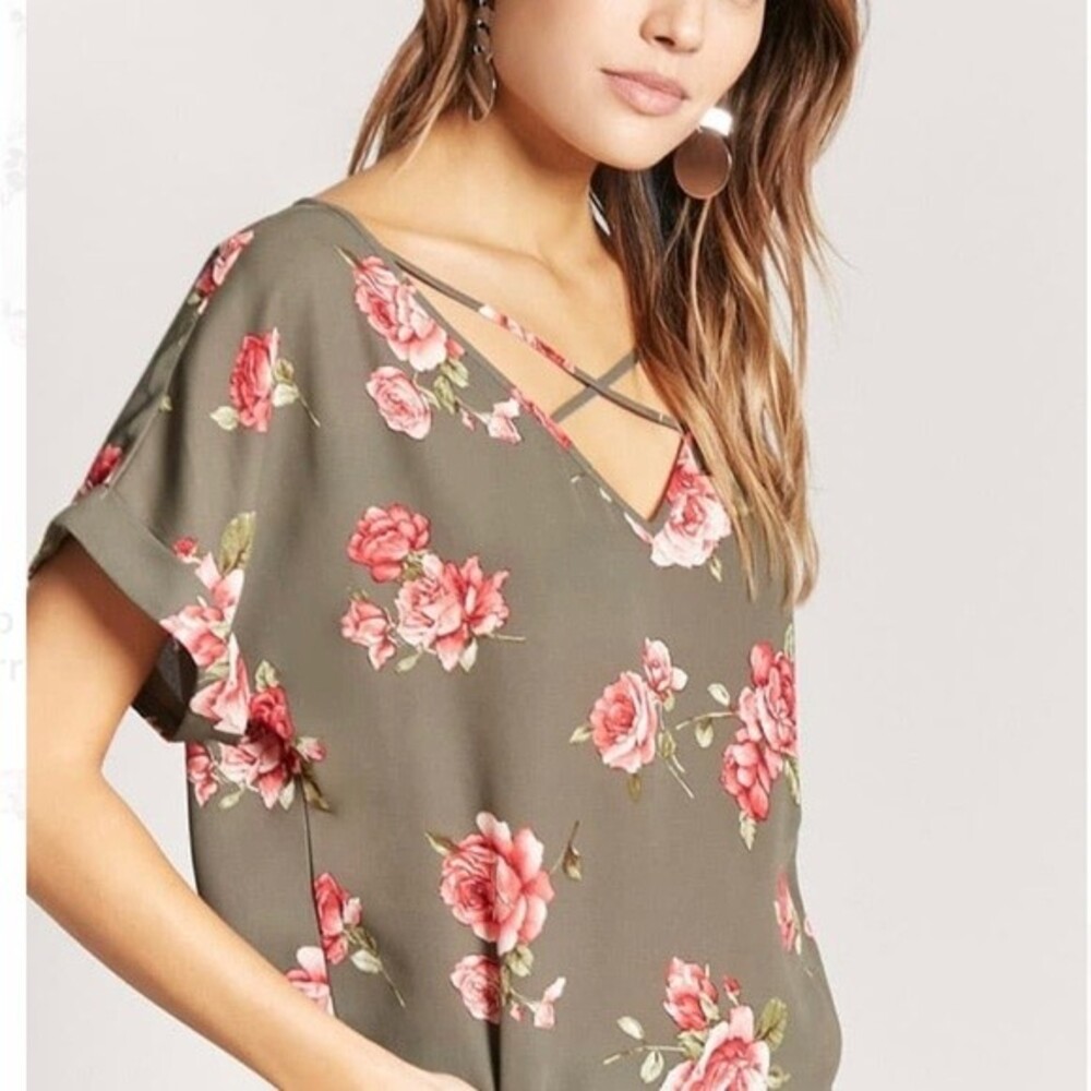 Army green and pink floral top size large